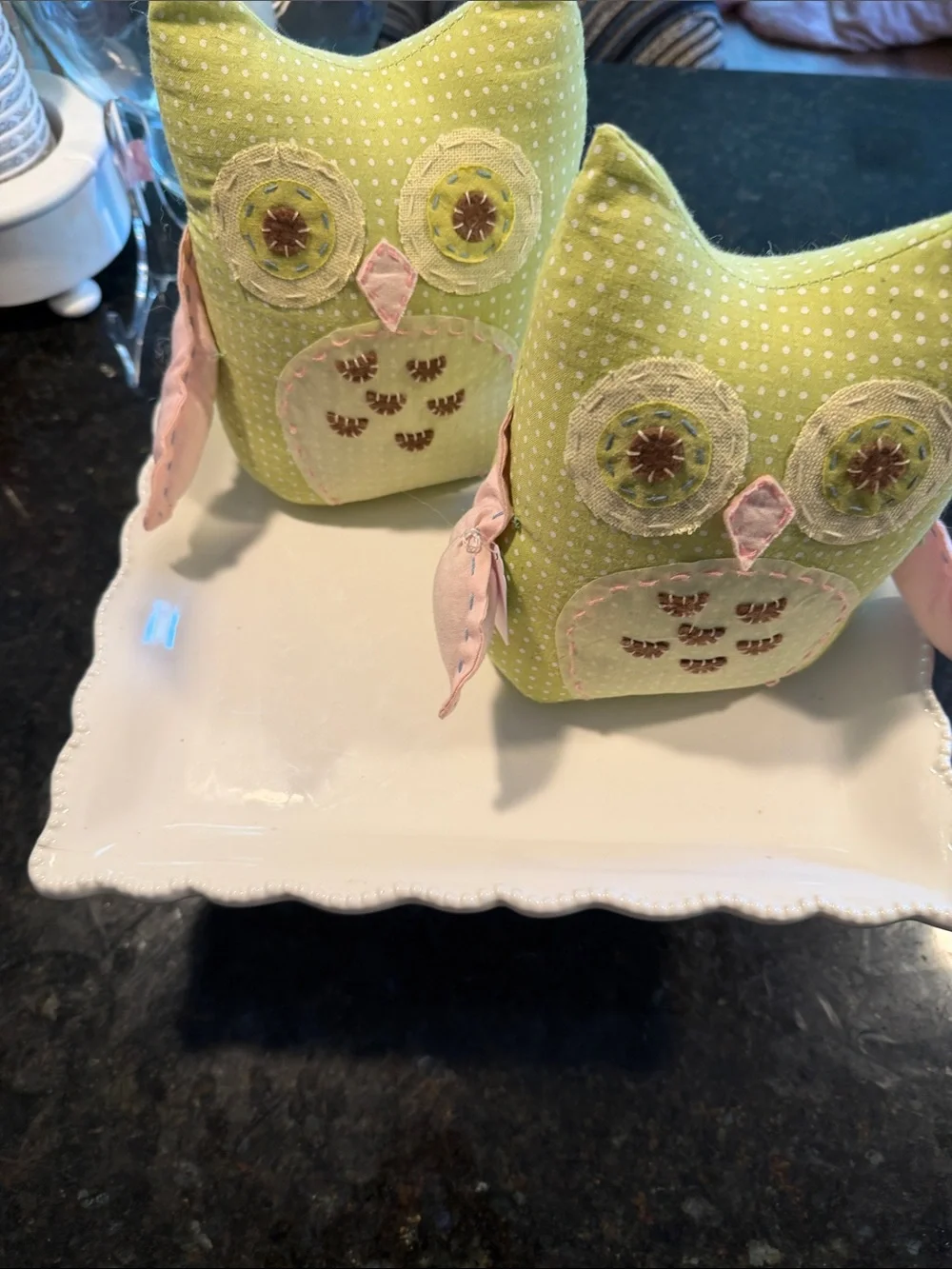 Pottery Barn Kids Light Green Polka Dot Owl Pair with Pink Accents